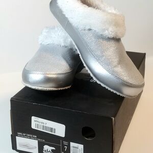 Women's Sorel Silver Glitter Faux-Fur Lined Slippers